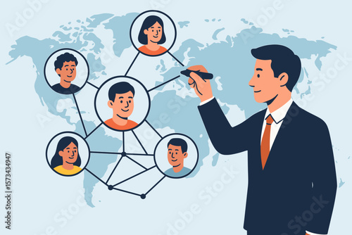 Global Businessman Drawing Customer Network Structure for International Client Acquisition, Customer Retention, Loyalty, Relationship Management, Expansion, and Growth Strategy
