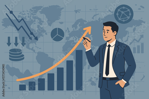 Businessman Drawing Upward Growth Graph Amid Global Economic Crisis, Business Recovery Strategy, Planning, Data Analysis, Global Network Exchange, Financial Bar Chart