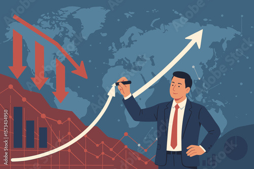 Businessman Drawing Upward Growth Arrow, Global Economic Crisis Recovery, Business Strategy Planning, Data Analytics, Financial Chart, World Map, Success Concept