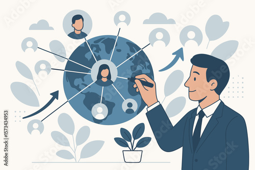 Businessman Drawing Global Client Network Structure, Customer Retention, New Customer Acquisition, Expanding Internationally, Strengthening Customer Loyalty, Business Growth Concept