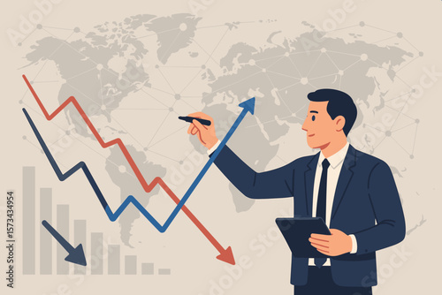 Businessman Analyzing Business Growth and Recovery Strategies During Global Economic Crisis, Financial Planning, Data Exchange, Global Networking, Market Trends, Success Concept