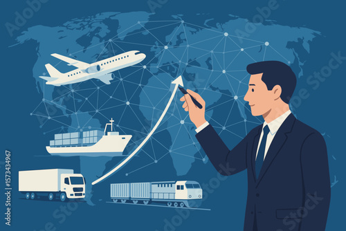Global Logistics Network Growth Concept – Businessman Drawing Supply Chain Distribution, Intelligent Transportation, Cargo Truck, Container Ship, Airplane, Train, Worldwide Freight Connections