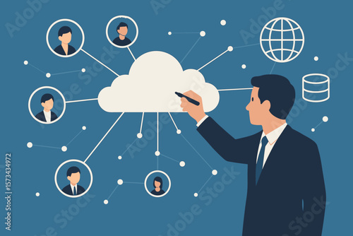 Businessman Connecting Global Team and Data via Cloud Computing Network, Customer Structure, Modern Flat Vector Illustration, Technology, Communication, Digital Transformation