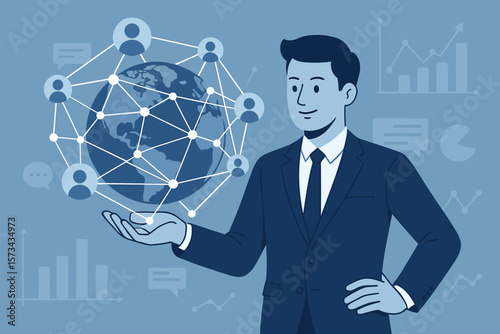 Global Businessman Holding Earth, Customer Networking, Data Exchange, Social Media Marketing, Internet Technology, Worldwide Business Analysis, Digital Communication, Network Connections