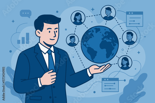 Businessman Presenting Global Customer Networking, Data Exchange, Social Media Marketing, Internet Technology, Global Business Strategy, Digital Communication