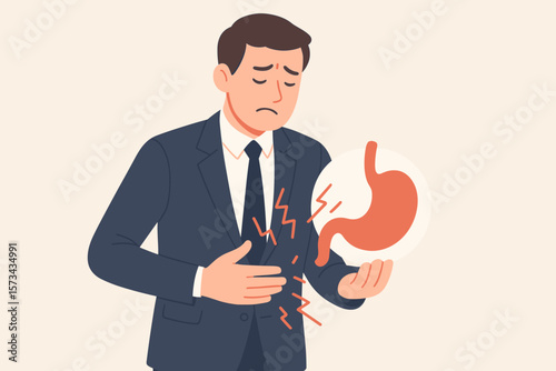 Businessman in suit suffering stomach pain, holding stomach illustration, concept of gastritis, GERD, acid reflux, heartburn, digestive disorder, abdominal discomfort, medical symptom