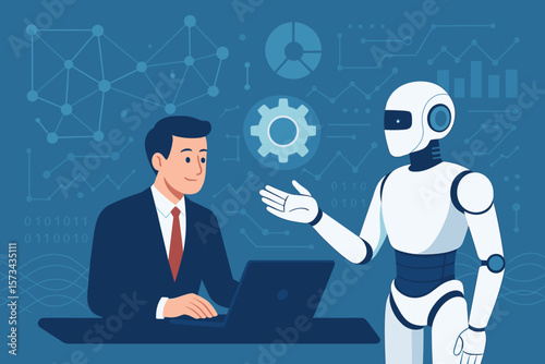 Businessman collaborating with AI robot on digital data network, implementing advanced technology solutions, adapting business policies, innovation, automation, staying competitive