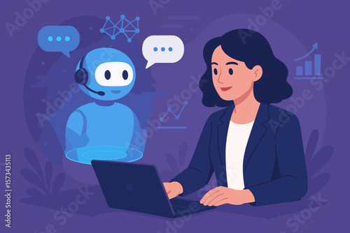 Businesswoman Collaborating with AI Chatbot, Deep Learning, Digital Transformation, Tech Analytics, Virtual Hologram, Innovation, Futuristic Office, Data Visualization