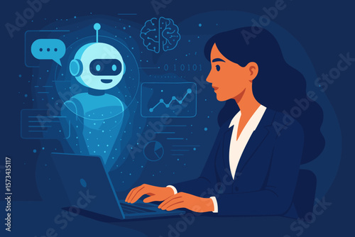 Businesswoman Collaborating with AI Chatbot, Deep Learning Technology, Digital Transformation, Analytics, Virtual Hologram, Futuristic Innovation Concept