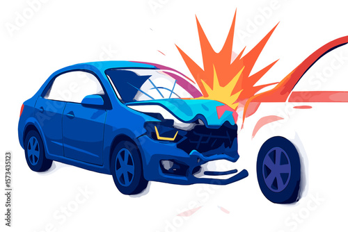 Car crash collision, hollow body damage, vibrant color light, modern flat vector cartoon illustration, vehicle accident, auto crash, car wreck, automobile damage, traffic accident