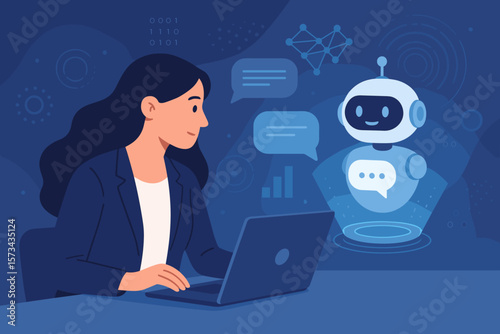 Businesswoman Using Laptop with AI Chatbot, Deep Learning, Digital Transformation, Tech Analytics, Virtual Hologram, Innovation, Futuristic Technology Concept