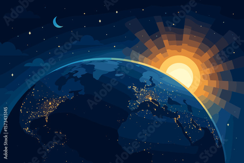 Sunrise Over Earth from Space, Night City Lights, Sun Rays, Crescent Moon, Stars, Flat Vector Illustration, Global Urbanization, Astronomy, Planet Atmosphere, World Map, Night to Day Transition