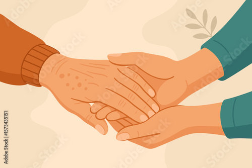 Elderly Care Giving Hands Compassion Support, Close Up Generations Holding Hands, Senior Assistance, Family Love, Intergenerational Help, Aging Parent, Modern Flat Vector Illustration