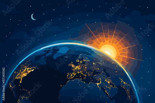Sunrise Over Earth from Space with City Lights, Night Sky, Stars, Clouds, Sun on Horizon, Europe and Africa, Flat Vector Illustration