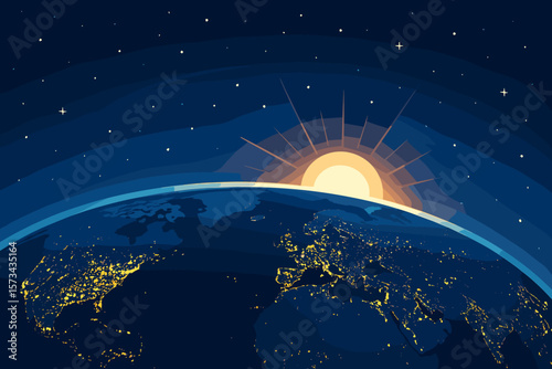 Sunrise Over Earth from Space with City Lights, Night Sky, Stars, Horizon Glow, Global View, Flat Vector Illustration, Modern Astronomy Concept, Urban Illumination, Planetary Sunrise