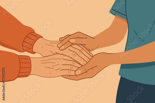 Elderly Care Support, Compassionate Helping Hands, Generations Connection, Senior Assistance, Caregiver Comfort, Holding Hands, Family Love, Aging Parent Support, Flat Vector Illustration