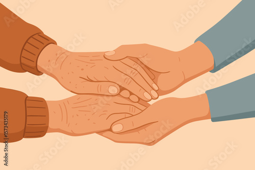 Close up of helping hands holding elderly hands, home care support, mother and daughter bond, modern flat vector cartoon illustration, caregiving, compassion, senior care, support