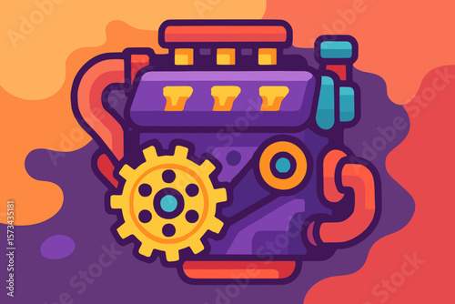 Colorful car engine part concept vector. Modern flat cartoon illustration of an automotive motor. Machine technology for vehicle repair service. Industrial machinery graphic.