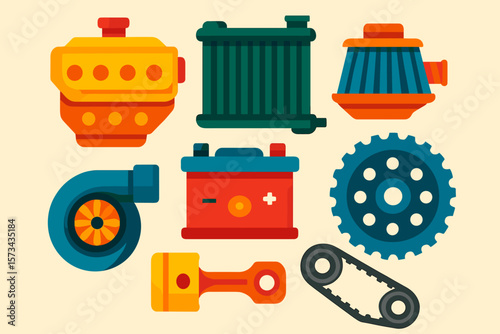 Colorful car engine parts set for auto service. Automotive motor components concept. Vehicle maintenance and repair flat vector illustration. Engine, battery, turbo, piston.