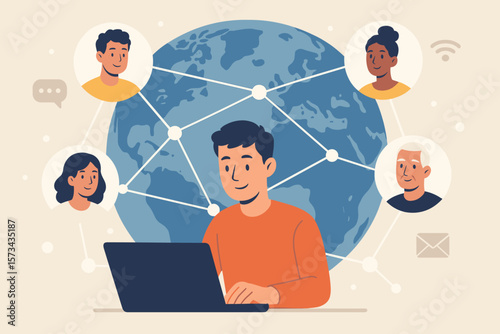 Global Online Communication Network, Remote Collaboration, Digital Teamwork, Virtual Meeting, Diverse People Connecting Worldwide, Internet Technology, Flat Vector Illustration
