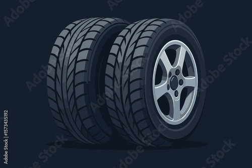 Car tires with alloy rims on dark background. Automotive wheel, rubber tyre for vehicle. Concept for car service, repair shop. Modern flat vector cartoon illustration.