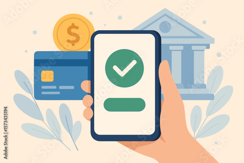 Mobile Banking Payment Success Concept, Digital Transaction Approval, Smartphone with Check Mark, Credit Card, Coin, Bank Building, Secure Online Finance Vector Illustration