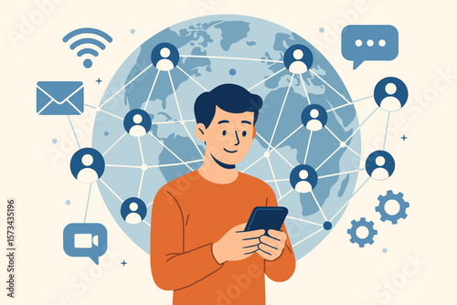 Global Digital Communication Network, Social Media Connectivity, Online Messaging, Worldwide Technology, Internet Community, Mobile Device Interaction, Modern Vector Illustration