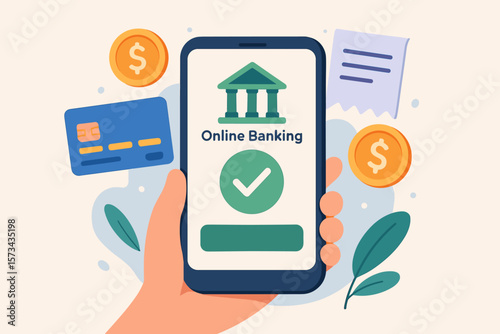 Mobile Online Banking Payment Success Concept. Digital Financial Transaction, Secure Payment Confirmation, Smartphone Banking App, Credit Card, Money Transfer, Modern Flat Vector Illustration