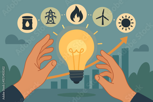 Energy Crisis Concept, Hands Holding Light Bulb with Oil, Electricity, Gas, Wind, Solar Energy Icons, Rising Data Chart, Economy, Alternative Energy, Sustainability, Power Generation