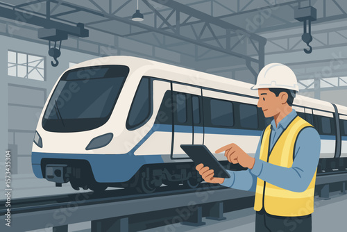 Engineer Supervising Electric Train Maintenance in Industrial Factory, Modern Railway Inspection, Transportation System Control, Safety Management, Technology, Urban Transit