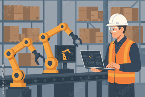 Industrial engineer controls automation robotic arms in modern warehouse using real-time monitoring software, smart factory, industry 4.0, technology, logistics, flat vector
