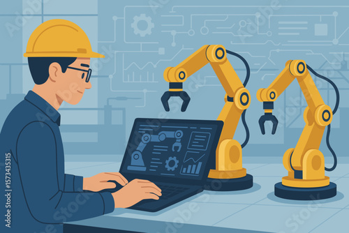 Industrial Engineer Programming Robotic Arms with Laptop, Automation Software Installation, Maintenance, Smart Factory, Modern Technology, Robotics, Industry 4.0, Flat Vector Illustration