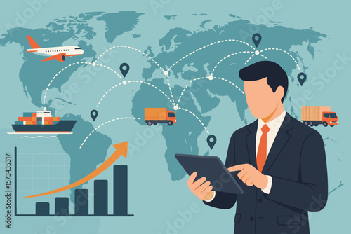 Global Business Logistics Growth, Distribution Network Management, Freight Transport, Supply Chain Analytics, Cargo Shipping, Airplane, Truck, Container, World Map, Businessman Tablet