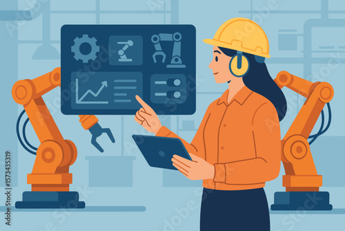 Female engineer operating and monitoring robotic arms automation in smart factory. Industrial maintenance, quality control, digital manufacturing, technology interface, Industry 4.0