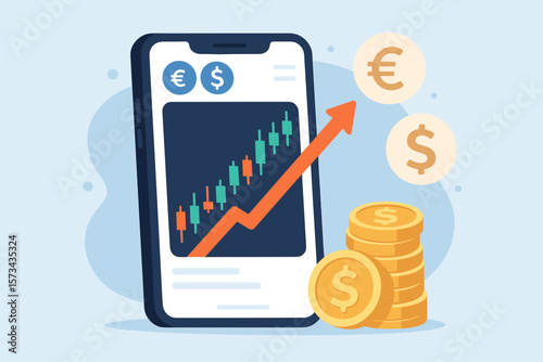 Currency Exchange Trading Growth Chart, Forex Market Profit, Smartphone App Interface, Rising Financial Graph, Euro Dollar Symbol, Investment Success, Mobile Finance, Vector Illustration