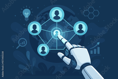 Robot hand touching global network connection, customer analysis, machine learning, innovative technology, futuristic business concept, modern flat vector cartoon illustration