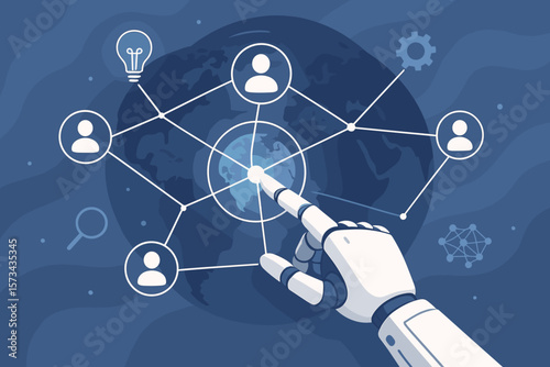 Artificial Intelligence Robot Hand Touching Global Network Connections, Customer Analysis, Machine Learning, Innovation, Technology, Futuristic Business Concept, Flat Vector Illustration