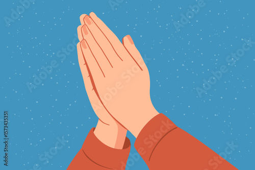 Woman’s Hands in Prayer Gesture, Respect and Faith, Blue Particle Background, Spirituality, Meditation, Modern Flat Vector Cartoon, Female Worship, Hope, Religion, Mindfulness