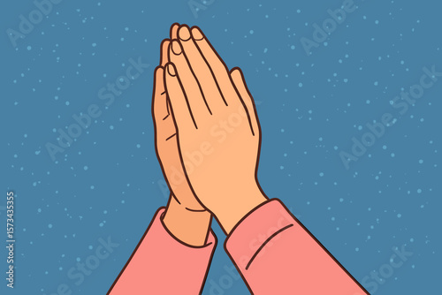 Woman Praying Hands Gesture Respect Faith Worship Hope Blue Background Flat Vector Cartoon Illustration Spirituality Religion Meditation Mindfulness Calm Female Palms Together