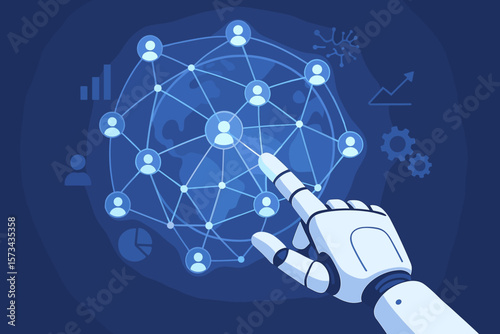 Robot hand touching global network connection with customers, data analysis, machine learning, innovative technology, futuristic business concept. Modern flat vector cartoon.