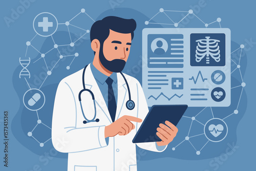 Digital healthcare technology concept. Doctor analyzing electronic medical records on tablet. Modern medicine, telemedicine, patient data, virtual health network, medical science