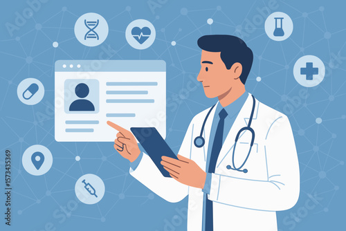 Digital healthcare technology concept. Doctor analyzing electronic medical records on tablet. Medical data network, virtual interface, health informatics, telemedicine, online diagnosis