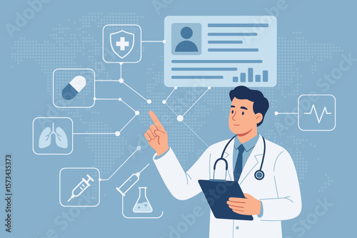 Digital healthcare technology concept. Doctor analyzing electronic medical records, patient data, medical icons, telemedicine, network connection, virtual interface, science innovation