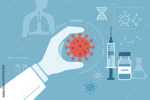 Coronavirus research and vaccine development concept. Doctor hand with glove holding virus cell, syringe, vaccine vial, DNA, laboratory science, pandemic diagnosis, medical innovation