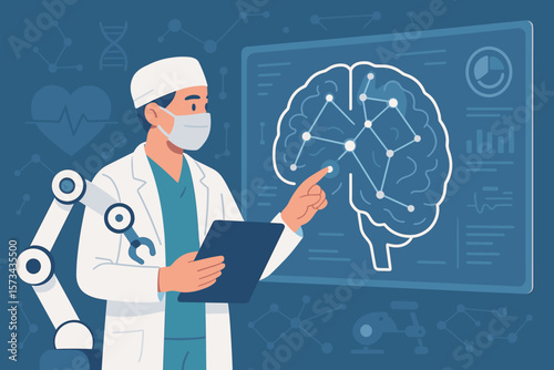 Advanced Medical Technology and Artificial Intelligence in Healthcare: Surgeon Analyzing Brain Diagnostics with Robotic Assistance, Neural Network Interface, Digital Innovation