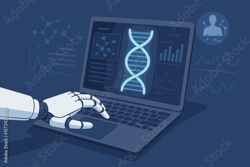 Futuristic medical robot hand touching laptop displaying human DNA analysis data, AI artificial intelligence innovation concept, advanced healthcare technology, modern flat design vector