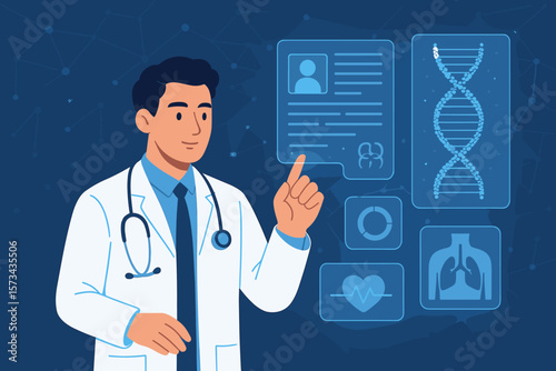 Doctor Holding Hologram Virtual Interface with DNA Analysis Digital Healthcare Network Connection Medical Technology Innovation Electronic Medical Record Concept