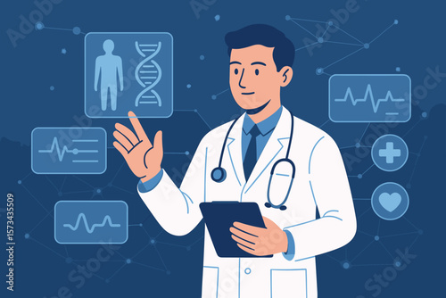 Medical doctor using digital tablet with holographic virtual interface, DNA analysis, electronic health records, innovative healthcare technology, network connection, diagnostics