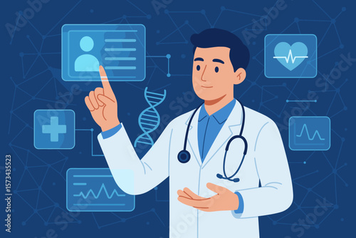 Innovative Medicine Doctor Holding Hologram Virtual Interface with DNA Analysis Digital Healthcare Electronic Medical Record Network Connection Medical Technology
