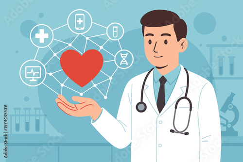Medical doctor holding a red heart shape with medical network connection and modern virtual screen interface in laboratory, healthcare technology, cardiology, innovation